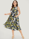 Floral Print Sleeveless Pocketed Dress With Ruffles
