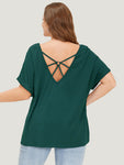 Solid Backless Roll Sleeve Cut Out T shirt