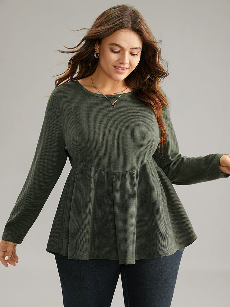 

Plus Size Women Dailywear Plain Waffle Knit Regular Sleeve Long Sleeve Round Neck Casual T-shirts BloomChic, Army green