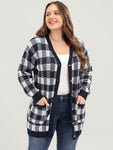 Plaid Pointelle Knit Pocket Button Front Cardigan