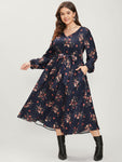 Floral Print V Neck Lantern Sleeve Pocket Belted Dress