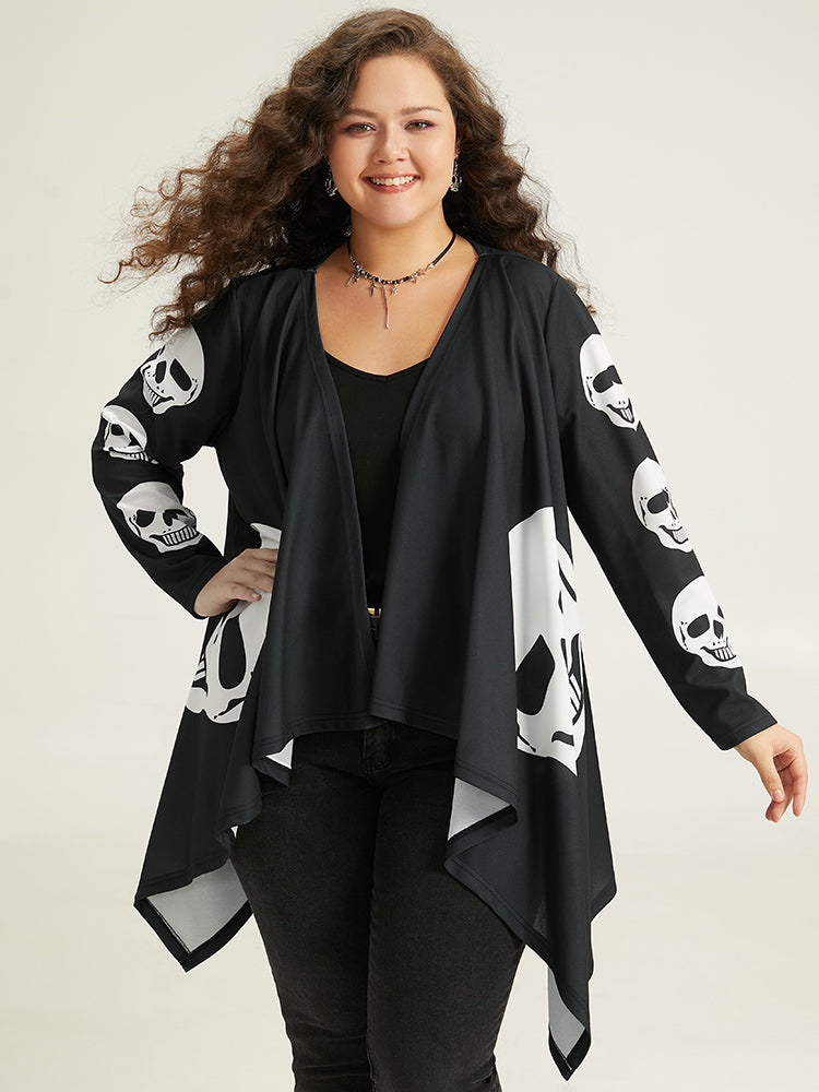 

Plus Size Cover Ups/Kimonos | Skull Print Asymmetrical Hem Drape Kimono | BloomChic, Black