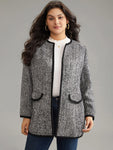 Tweed Flap Pocket Open Front Contrast Trim Blazer