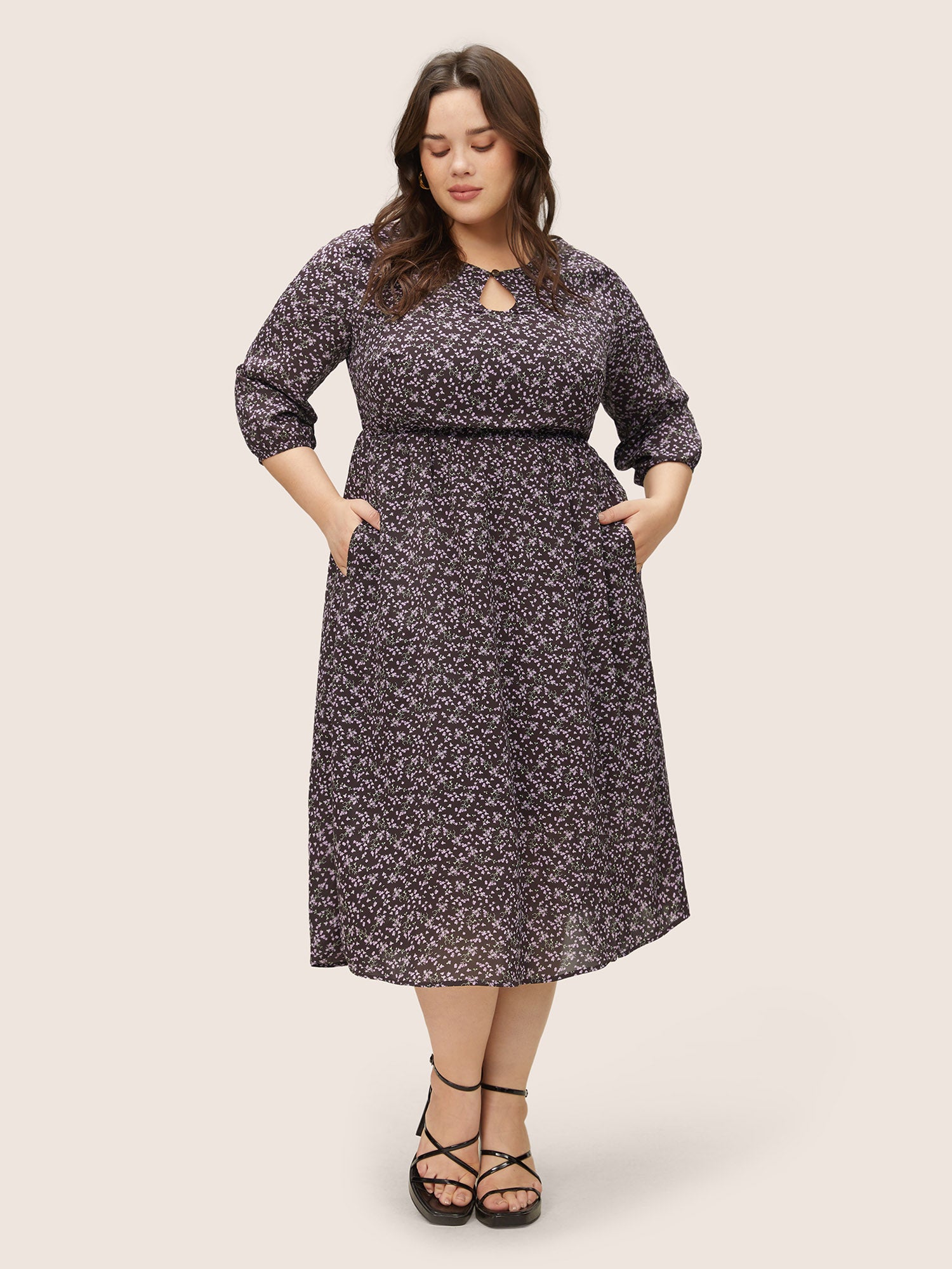 

Plus Size Women Everyday Ditsy Floral Non Lantern Sleeve Elbow-length sleeve Keyhole Cut-Out Pocket Elegant Dresses BloomChic, Eggplant