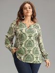 Bandana Print Keyhole Shirred Lantern Sleeve Blouse