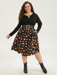 Halloween Pumpkin Print Patchwork Keyhole Pocket Dress