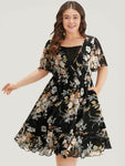 Floral Print 2 in 1 Mesh Ruffle Sleeve Dress