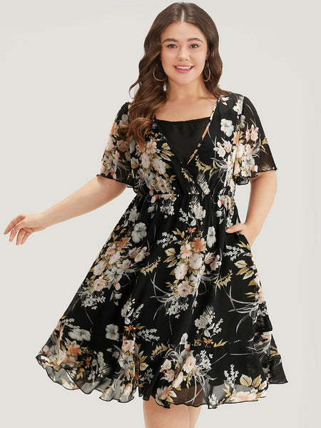 Mesh Floral Print Dress With Ruffles
