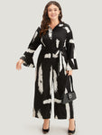 Brush Print Button Up Belted Bell Sleeve Jumpsuit