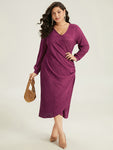 Plain Rib Knit V Neck Wrap Pleated Dress