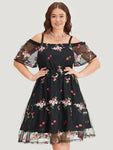 Floral Print Embroidered Mesh Cold Shoulder Sleeves Spaghetti Strap Dress