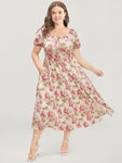 Floral Print Pocketed Keyhole Flutter Puff Sleeves Sleeves Square Neck Dress