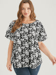 Ditsy Floral Tiered Sleeve Round Neck Ruffle Blouse