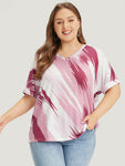 Brush Print Contrast Batwing Sleeve Ombre T shirt