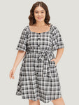 Plaid Print Square Neck Belted Pocketed Dress