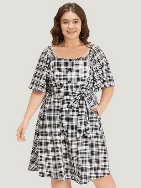 Square Neck Plaid Print Belted Pocketed Dress