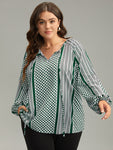 Geo Striped Tie Lantern Sleeve Blouse