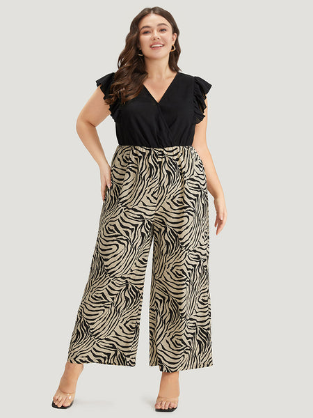 Pocketed Cap Sleeves Animal Zebra Print Jumpsuit With Ruffles
