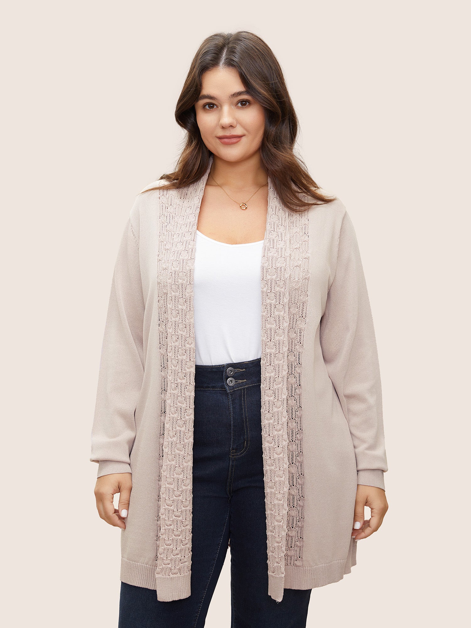 

Plus Size Cardigans | Plain Lapel Collar Pointelle Knit Backless Cardigan | BloomChic, Apricot