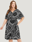 Paisley Print Flutter Sleeves Wrap Pocketed Belted Dress
