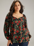 Floral Print Notched Lantern Sleeve Blouse