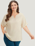 Anti wrinkle Solid Keyhole Roll Sleeve Metal Detail Woven Top