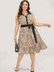 Contrast Trim Pocketed Belted Animal Leopard Print Dress With Ruffles