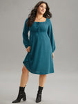 Rib Knit Ties Square Neck Lantern Sleeve Dress