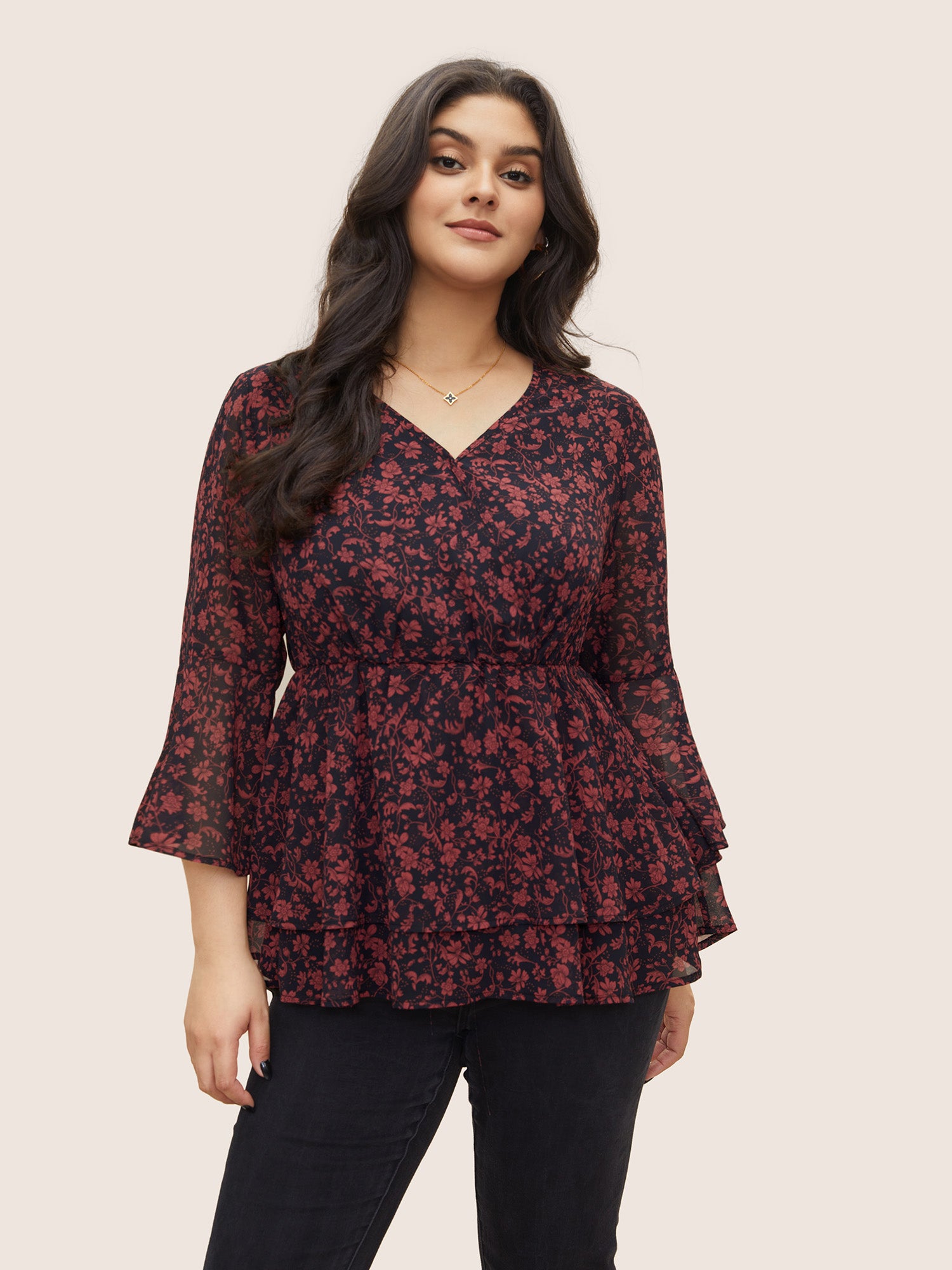 

Plus Size Women Everyday Silhouette Floral Print Tiered Bell Sleeve Elbow-length sleeve Overlap Collar Elegant Blouses BloomChic, Black