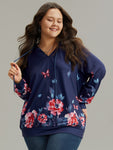 Floral & Butterfly Print Hooded Drawstring Sweatshirt