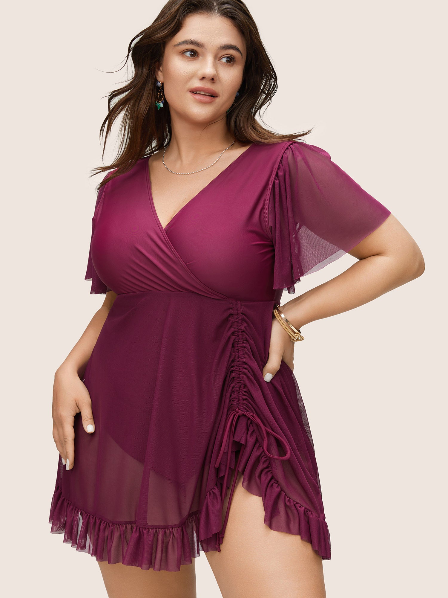 

Plain Drawstring Gathered Flutter Hem Swim Dress, Burgundy