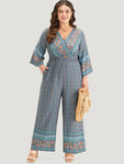 Floral Print Shirred Overlap Collar Jumpsuit