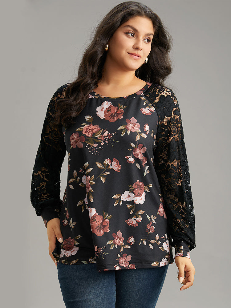 

Plus Size Women Dailywear Floral Printed Regular Raglan Sleeve Long Sleeve Round Neck Elegance Sweatshirts BloomChic, Black