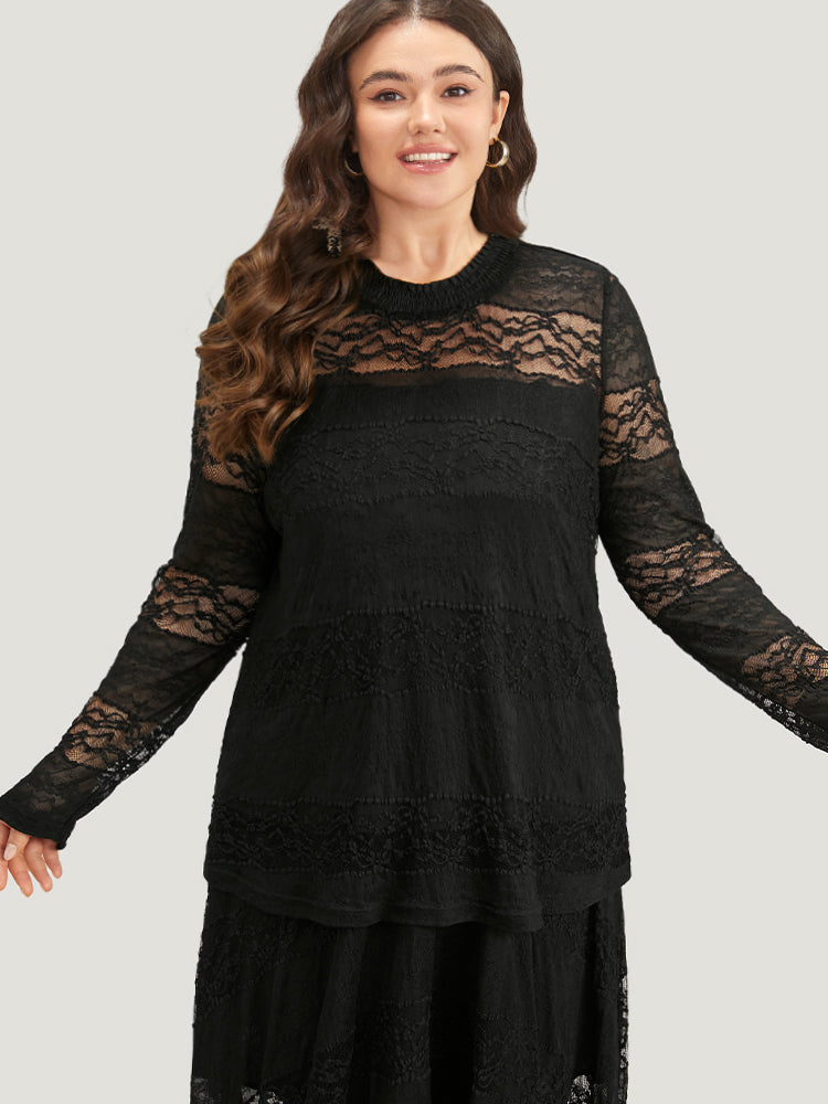 

Plus Size Two-Piece Woven Tops | Plain Lace Insert Mesh Two-Piece Woven Top | BloomChic, Black