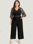 V-neck Floral Print Raglan Sleeves Jumpsuit With Ruffles