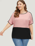 Colorblock Arc Hem Contrast Trim Dolman Sleeve Blouse