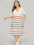 Rainbow Striped Pocket Curved Hem Dress