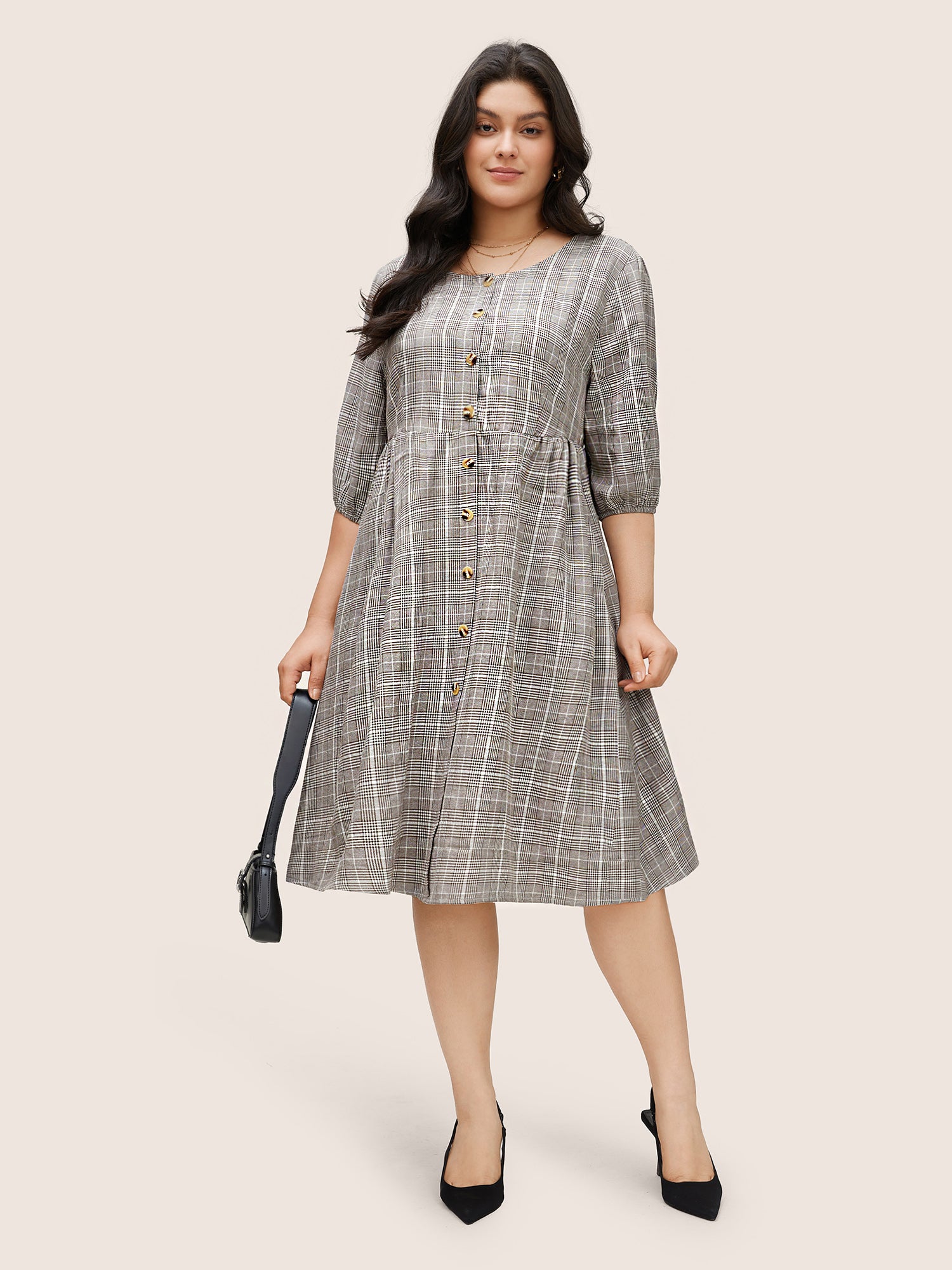 

Plus Size Women Work Plaid Non Side seam pocket At the Office Dresses BloomChic, Chocolate