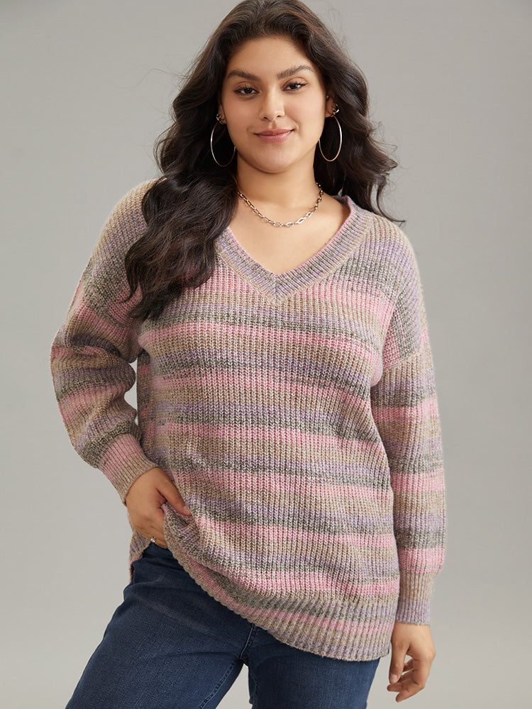 

Plus Size Pullovers | Colorblock Ombre Heather Loose V Neck Pullover | BloomChic, Multicolor