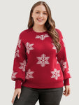 Snowflake Super Soft Plush?knit Lantern Sleeve Jacquard Knit Top