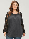 Solid Contrast Lace Gathered Round Neck Long Tee