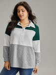 Colorblock Contrast Button Up Polo Sweatshirt
