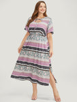Striped Print Pocketed Shirred Self Tie Cutout Dress