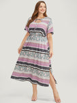 Pocketed Cutout Self Tie Shirred Striped Print Dress