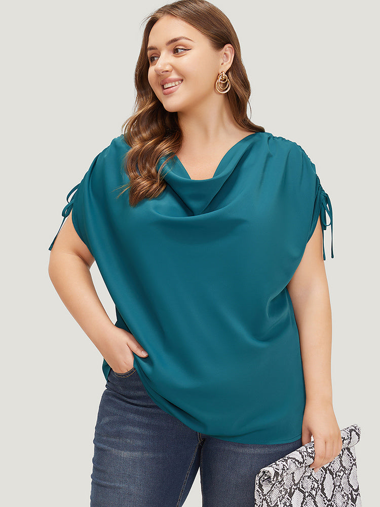 

Plus Size Women Workwear Plain Drawstring Dolman Sleeve Short Sleeve Cowl Neck Workleisure Blouses BloomChic, Aegean