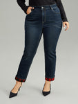 Plaid Roll Hem Straight Leg Jeans