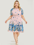 Floral & Butterfly Print Pocket Shirred Mock Neck Ruffles Dress