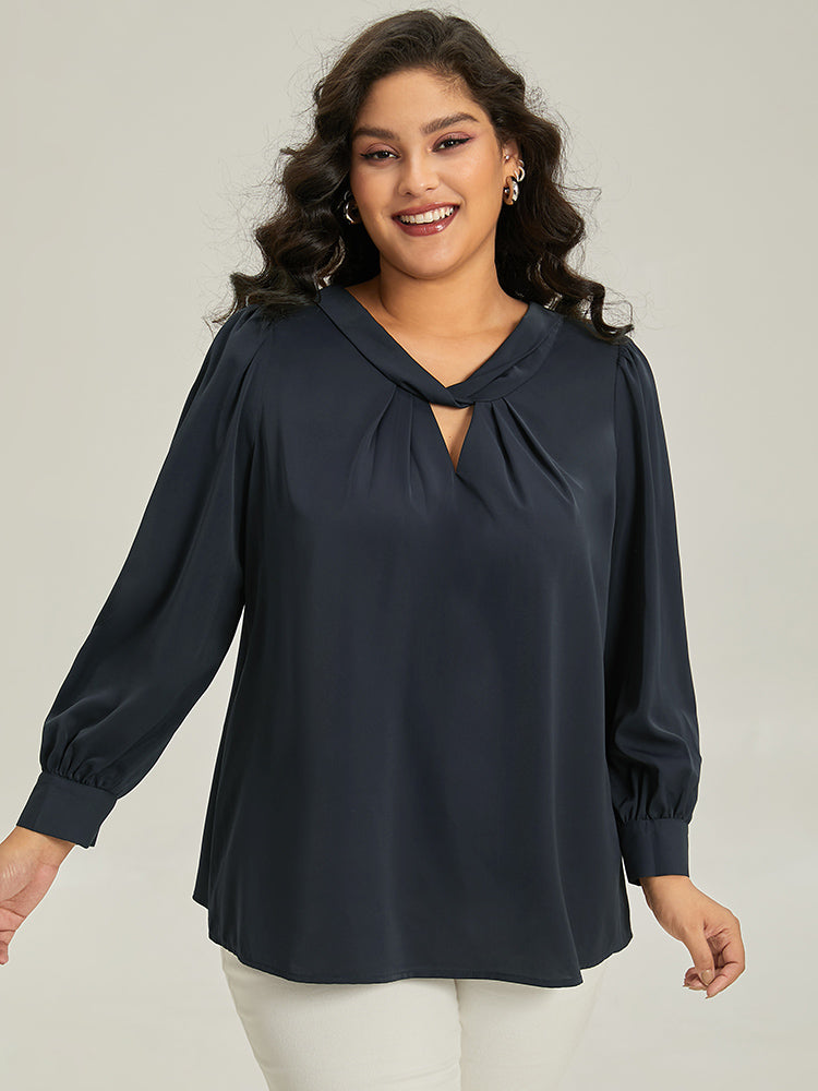 

Plus Size Women Work Plain Gathered Regular Sleeve Long Sleeve Round Neck Office Blouses BloomChic, Midnight