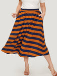 Striped Print Ruffle Hem Pocket Skirt