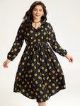 Halloween Pumpkin Print Shirt Collar Belted Button Dress